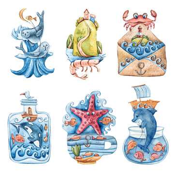 Watercolor hand painted cartoon sea characters. Cute lovely fantasy whale, fur seal, shrimp, starfish, crab, dolphin, killer whale, fish. Perfect for print, pattern, textile design, fabric, poster