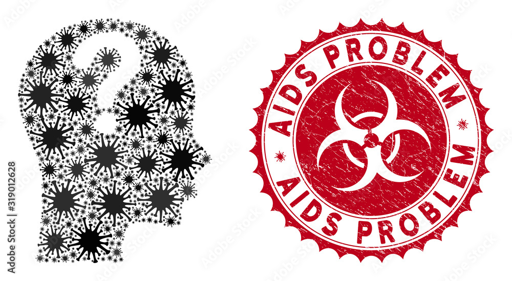 Poster coronavirus mosaic problem icon and round rubber stamp seal with aids problem phrase. mosaic vector 