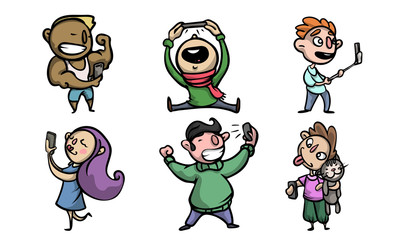 Set of various happy smiling people characters doing a selfie. Vector illustration in flat cartoon style.