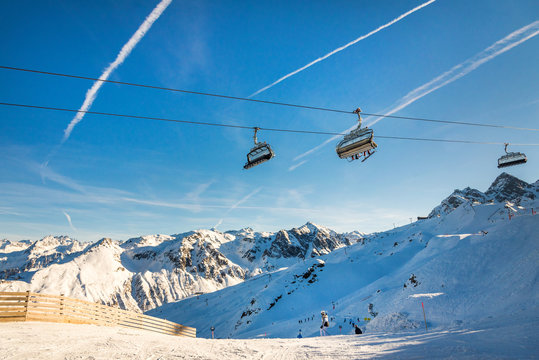 Apine skiing in the Austrian Alps. Ski resort. Sivretta Montafon, Austria