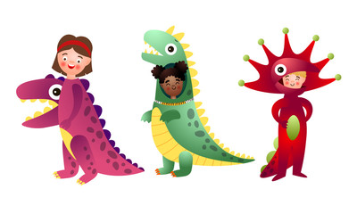 Set of happy smiling boys and girls in colorful dinosaur costumes.Vector illustration in flat cartoon style.