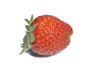 Strawberry close-up with leaves on a white background with shadow