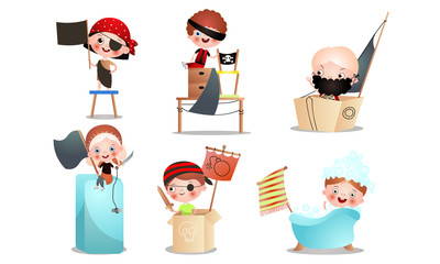 Set of different kid characters that play in a pirate game. Vector illustration in flat cartoon style.