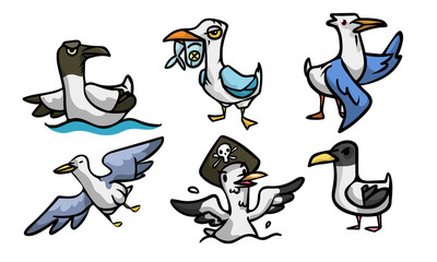 Set of cute and funny seagull character in different situations. Vector illustration in flat cartoon style.