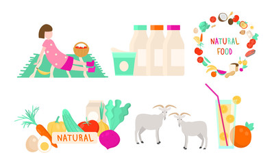 Set of natural, organic, eco foods from the village farm. Vector illustration in flat cartoon style.