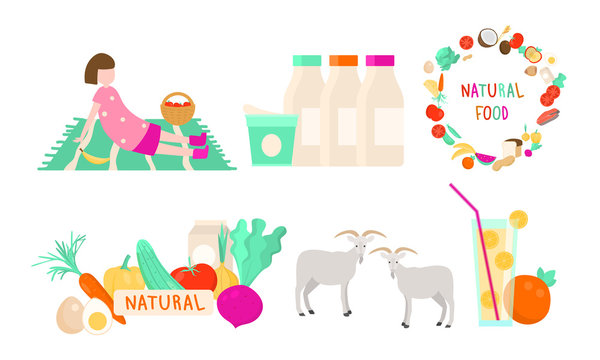 Set of natural, organic, eco foods from the village farm. Vector illustration in flat cartoon style.