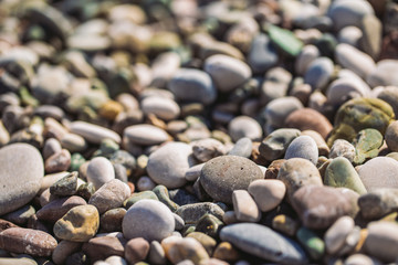 Closeup view horizontal photography of many colorful vivid smooth stones at sea beach. Abstract organic background.