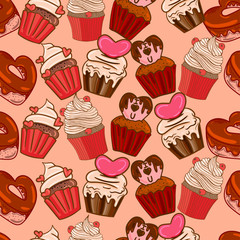 Hand drawn seamless pattern cupcakes with chocolate heart and cream. Print on paper, invitations, background. Vector illustration.