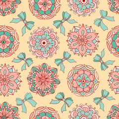 Vector seamless pattern, doodling design. Hand draw flowers. Color doodle background