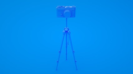 Photo studio concept. Camera and tripod on blue background. 3d illustration