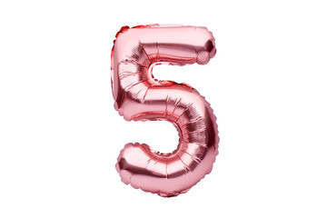 Number 5 five, made of rose golden inflatable helium balloon. Gold pink foil balloon font part of full set of numbers, isolated on white. Birthday party celebration, sales and discounts concept