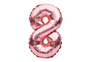 Number 8 eight, made of rose golden inflatable helium balloon. Gold pink foil balloon font part of full set of numbers, isolated on white. Birthday party celebration, sales and discounts concept