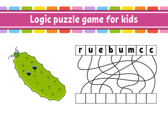 Obraz premium Logic puzzle game. Learning words for kids. Vegetable cucumber. Find the hidden name. Worksheet, Activity page. English game. Isolated vector illustration. Cartoon character.