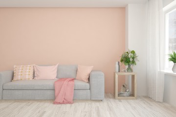Fototapeta na wymiar Stylish room in pink color with sofa. Scandinavian interior design. 3D illustration