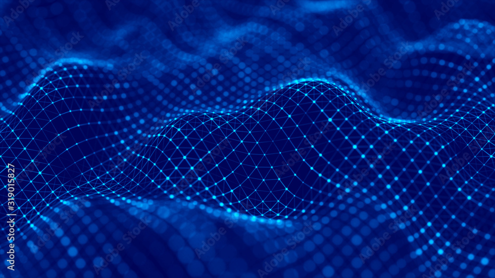 Aufkleber Wave of particles. Futuristic blue dots background with a dynamic wave. Big data. 3d rendering.