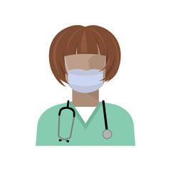 Fototapeta premium Vector icon doctor. Image of female doctor, with a stethoscope, in medical uniform and gauze protective bandage on her face. Isolated color illustration, avatar of the doctor. Vector illustration