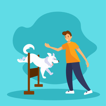 Man training his dog's agility with a jump bar. Smiling young man and funny white dog playing together. Flat vector Illustration in cartoon style.