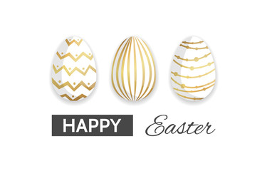 Happy Easter greeting card. Three eggs with golden pattern. Vector illustration