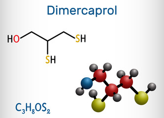 Dimercaprol, BAL, British anti-Lewisite, C3H8OS2, molecule. It is chelating agent, antidote against poison gas lewisite. Structural chemical formula and molecule model