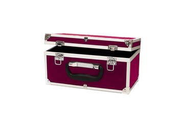 Open aluminium violet modern suitcase isolated on a white background. Chest, metal box, case, casket