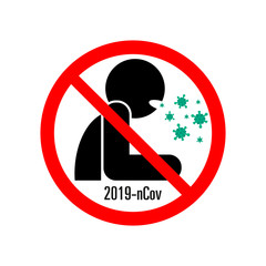 MERS-Cov (middle East respiratory syndrome coronavirus), coronavirus (2019-nCoV), flat sign of coughing person without hygienic medical mask and virus around it is crossed out with red STOP sign