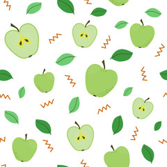 Green apples with leaves. Seamless pattern. Vector individual elements on white background.