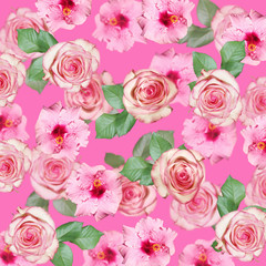 Beautiful floral background of pink hibiscus and roses. Isolated