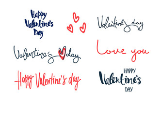 Set of Valentines Day hand-lettered greeting phrases and hearts. Isolated on white