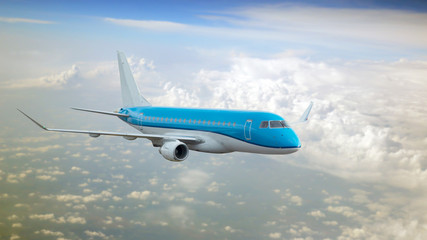 passenger plane flies in the sky against a background of white clouds. transport aviation