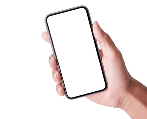 Studio shot of Hand holding Smartphone with blank screen for Infographic Global Business web site design app, - Clipping Path