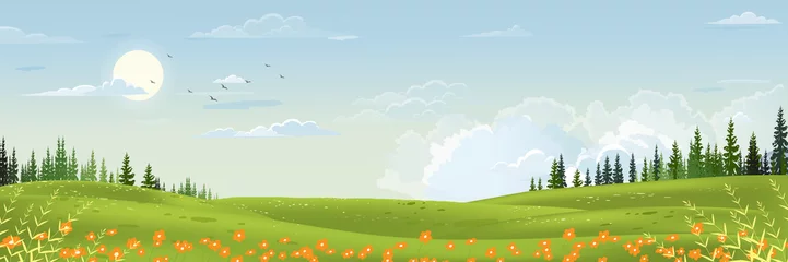 Foto op Aluminium Lente landschap met bergen, blauwe lucht en wolken, Panorama Groene velden, frisse en rustige landelijke natuur in de lente met groen grasland. Cartoon vectorillustratie voor lente en zomer banner © Anchalee