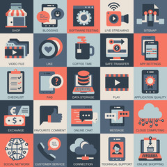 Set vector icons with elements for mobile concepts and web apps. Business and marketing, programming, data management, internet connection, social network, computing, information. Vector