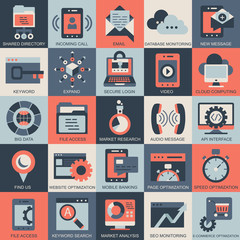 Set vector icons with elements for mobile concepts and web apps. Business and marketing, programming, data management, internet connection, social network, computing, information. Vector