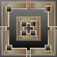 Vector greek geometric 3d seamless pattern. Ornamental ethnic tribal background. Repeat backdrop. Abstract Greek key meanders gold 3d ornament. Geometrical shapes, square frames, stripes, lines