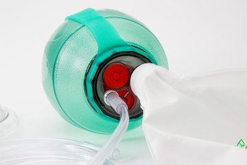 Back side of AMBU bag with equipment isolated at the white background