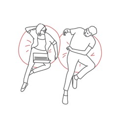 Two colleagues young man and woman sitting on the chair bags and talking. Line drawing vector illustration.