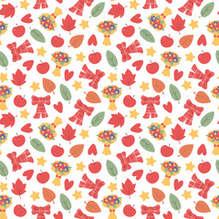 Autumn seamless vector pattern with hearts, leaves, red apples, stars and a yellow bouquet on a white background.