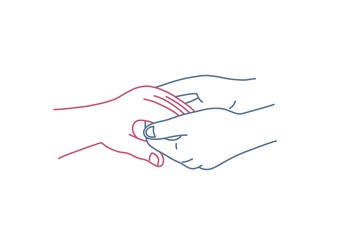 Hands holding hand. Tenderness concept. Color line drawing vector illustration.