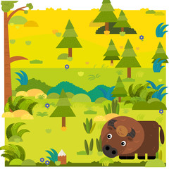 Naklejka premium cartoon forest scene with wild animal bison buffalo illustration for children