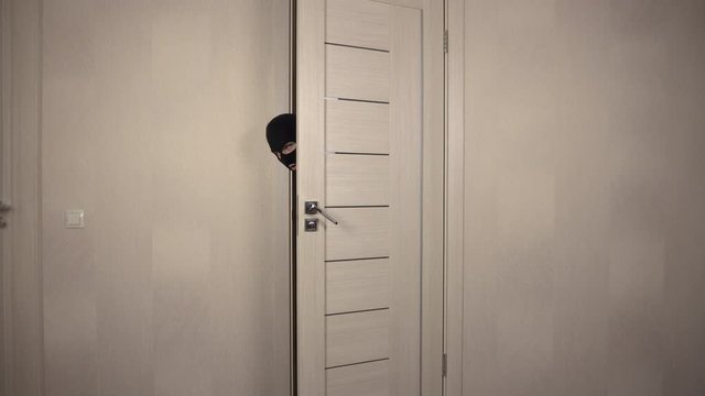 The robber climbed into the house. The masked bandit opened the door and went on toes.