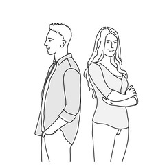 Unhappy couple standing with their backs to each other. Man and woman quarrelled. Line drawing vector illustration.