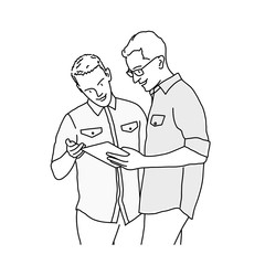 Business meeting. Man discussing something. Line drawing vector illustration.