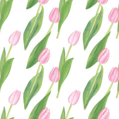 Watercolor Pink Tulips with Green Leaves Seamless Pattern. Isolated Flowers on White Background. For Cards, Textile, Invitations, International Women's Day, 8th March, Spring and Summer Theme.