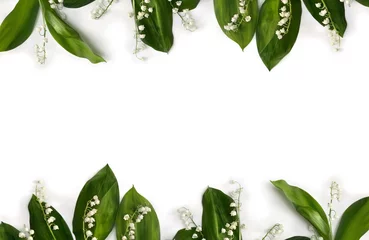 Rucksack Blumenrahmen mit Blättern Maiglöckchen (Convallaria majalis, Maiglocken, Maililie) auf weißem Hintergrund mit Platz für Text. Ansicht von oben, flach © Anastasiia Malinich