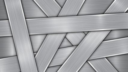 Obraz premium Background in silver and gray colors, consisting of a shiny metallic surface and several randomly arranged intersecting polished plates with a metal texture, glares and burnished edges