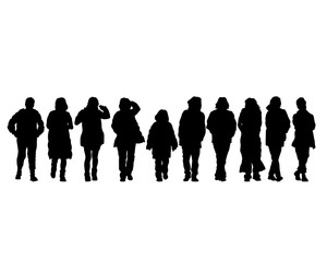Big crowds people on street. Isolated silhouette on a white background