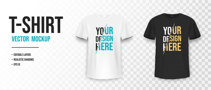 Black and white t-shirt mockup. Mockup of realistic shirt with short sleeves. Blank t-shirt template with empty space for design