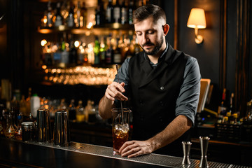 Male bartender stirring alcohol cocktail with bar spoon