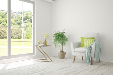 Mock up of stylish room in white color with armchair and green landscape in window. Scandinavian interior design. 3D illustration