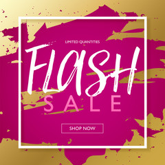 Flash sale marketing square banner. Discount promo offer flyer and poster. Deep magenta and gold with grunge paint abstract background. Vector illustration template.